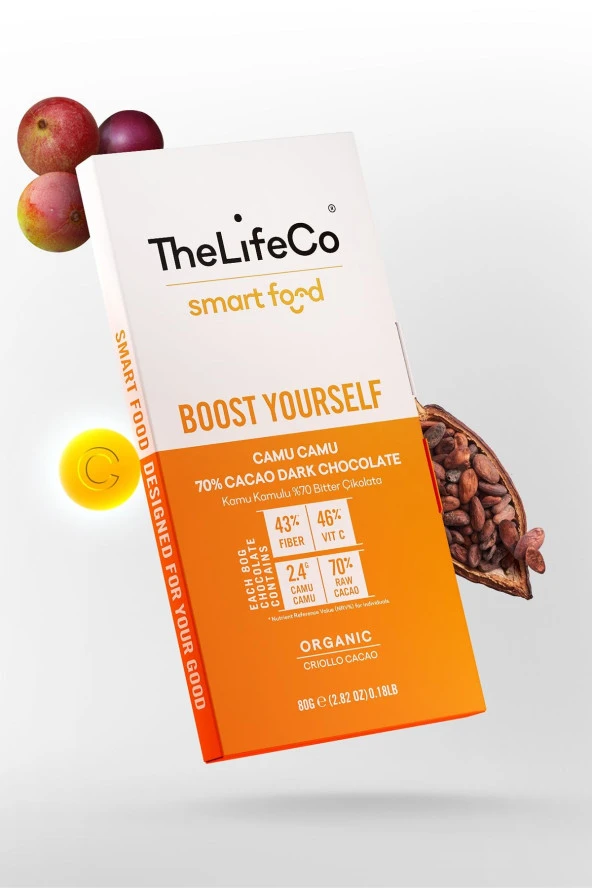 TheLifeCo Smartfood Boost Yourself Vitaminli(c) %70 Organik Bitter Çikolata 80 G (glutensiz,kamu Kamu)