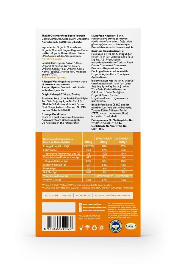 TheLifeCo Smartfood Boost Yourself Vitaminli(c) %70 Organik Bitter Çikolata 80 G (glutensiz,kamu Kamu) - 3