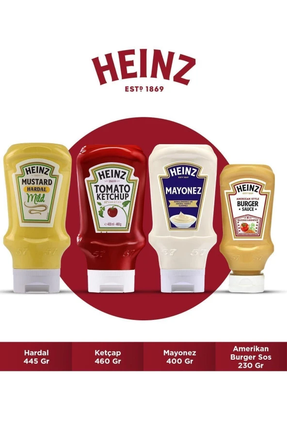 Heinz Burger Sos Paketi (hardal 445 Gr + Ketçap 460 Gr + Mayonez 400 Gr + Amerikan Burger Sos 230 Gr