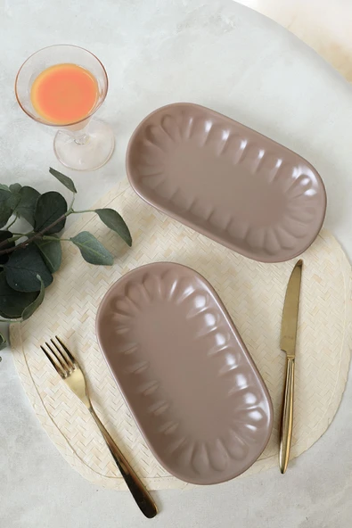 Keramika Mat Toprak Taupe Badem Kayık Tabak 25 Cm 2 Adet 977 - Resim 3