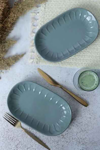 Keramika Yeşil Badem Kayık Tabak 25 Cm 2 Adet 326 - Resim 2