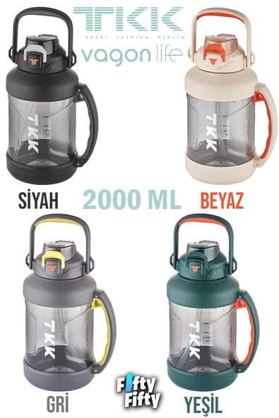 TKK 2000 ML Tek Kapak Çift Kullanım Pipetli/Rahat İçim Tritan Su Matarası-FFTKK1028-2000ML - 9