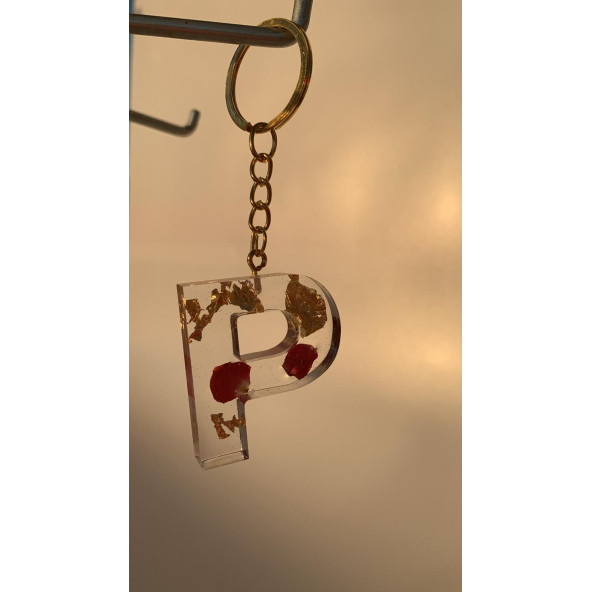 P Harfi Şeffaf Epoksi Gerçek Kurutulmuş Gül Yaprağı Gold Varak Halka Anahtarlık El Yapımı Hediyelik - 2