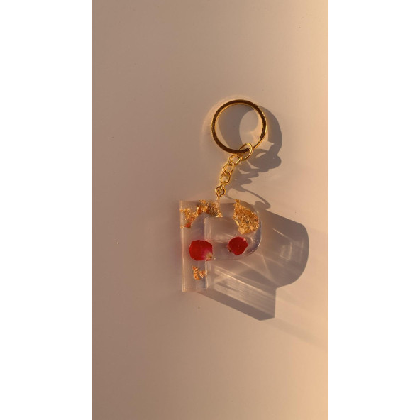 P Harfi Şeffaf Epoksi Gerçek Kurutulmuş Gül Yaprağı Gold Varak Halka Anahtarlık El Yapımı Hediyelik - 3