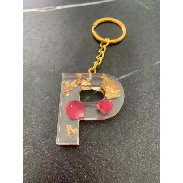 P Harfi Şeffaf Epoksi Gerçek Kurutulmuş Gül Yaprağı Gold Varak Halka Anahtarlık El Yapımı Hediyelik - 6