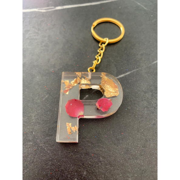 P Harfi Şeffaf Epoksi Gerçek Kurutulmuş Gül Yaprağı Gold Varak Halka Anahtarlık El Yapımı Hediyelik - 8