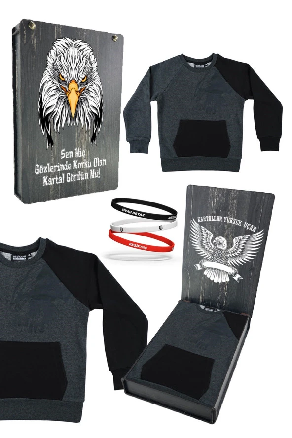 Beşiktaş Orijinal Lisanslı Kartal Baskılı Çocuk Sweat + Bileklik Set Hediyelik Ahşap Kutulu