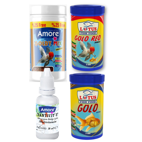 Amore Goldy Mix Granules 125 ml, Lotus Gold Red ve Natural 250 ml Japon Balığı Yemi, Vitamin Seti