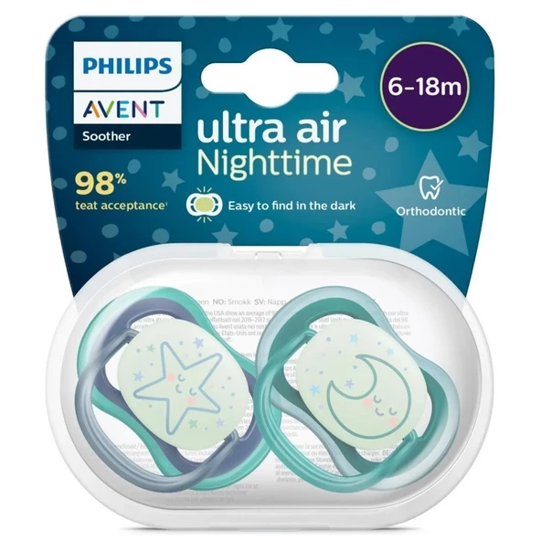 Philips Avent Ultra Air Night Karanlıkta Parlar Gece Emziği 6-18 ay Erkek SCF376/13