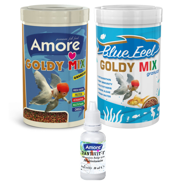 Japon Balığı Yem Seti Amore Goldy Mix 250ml, Bluefeel 250ml Kutu, Vitamin