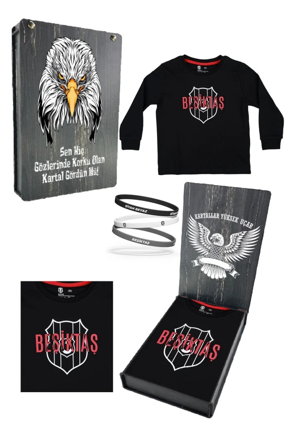 Beşiktaş Orijinal Lisanslı Siyah Çocuk Sweat + Bileklik Set Hediyelik Ahşap Kutulu