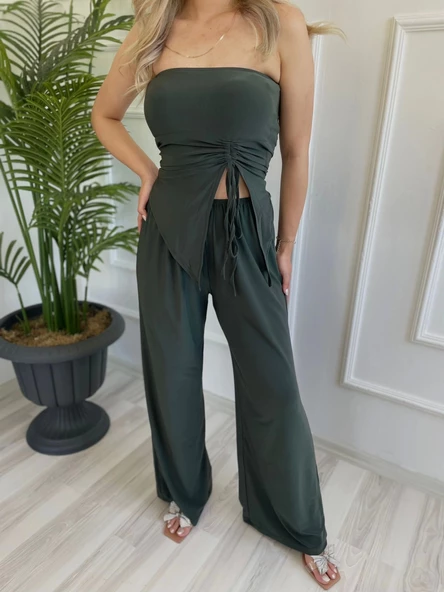 Kadın Büzgülü Bluz ve Salaş Pantolon İkili Takım - Resim 4