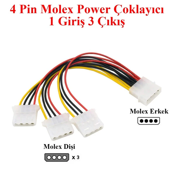 3LÜ POWER ÇOKLAYICI KASA İÇİ 4 PİN MOLEX 1 ERKEK 3 DİŞİ POWER KABLO