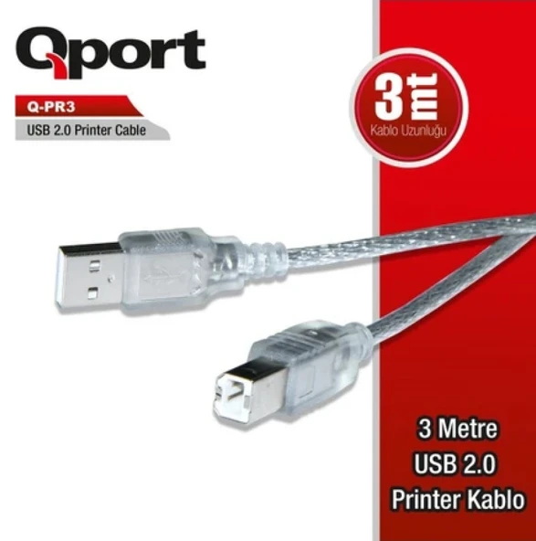 QPORT Q-PR3 3 Metre USB 2.0 Yazıcı Kablo 3m Yazıcı Kablo Printer Kablosu