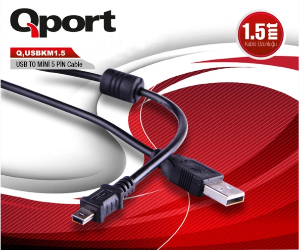 QPORT Q-USBKM1.5 1.5 METRE 5 PİN KAMERA USB 2.0 ŞARJ DATA KABLOSU 1,5M 5PİN MİNİ USB KABLO