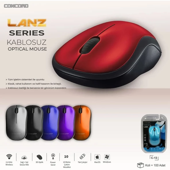 Concord C-13 2.4ghz Optik 1200DPİ Kablosuz Mouse KIRMIZI - 4