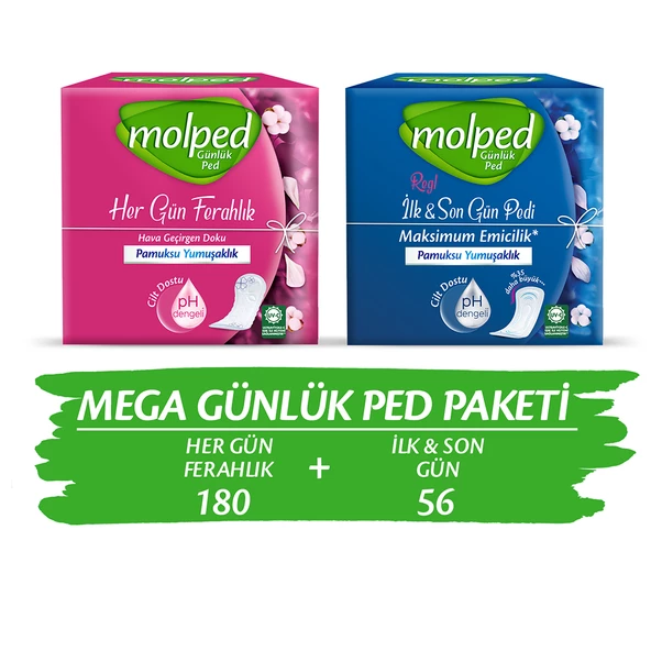 MOLPED MEGA GÜNLÜK PED PAKETİ (HER GÜN FERAHLIK 180'Lİ + İLK&SON GÜN 56'LI)