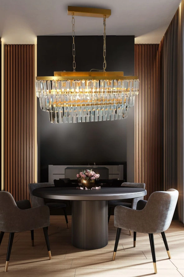 Birsen Aydınlatma Gizem Gold 73x30 Cm'lik Kristal Taşlı Yemek Masası Lüks Avize - Yatak Odası - Salon - Mutfak - Hol