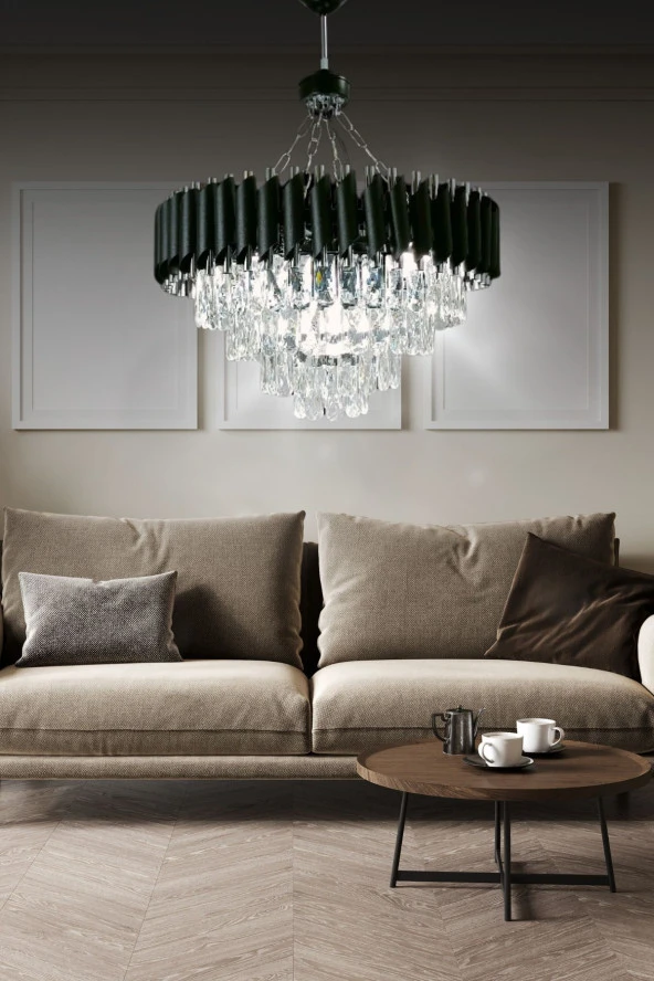 Birsen Aydınlatma Mezun Siyah 55x55 Cm'Lik Modern Kristal Taşlı Lüks Avize - Yatak Odası - Salon - Mutfak - Hol