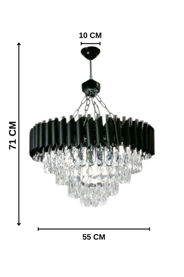 Birsen Aydınlatma Mezun Siyah 55x55 Cm'Lik Modern Kristal Taşlı Lüks Avize - Yatak Odası - Salon - Mutfak - Hol - 3
