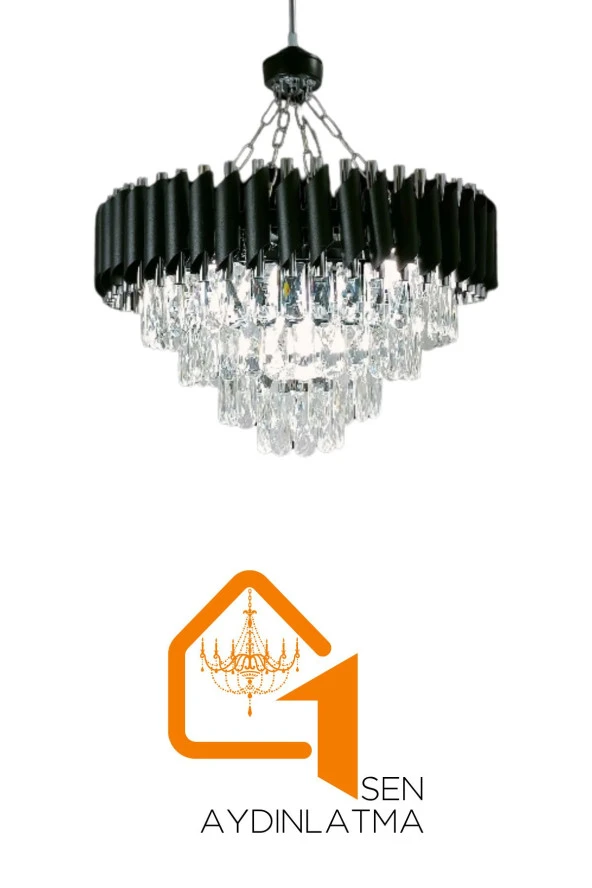Birsen Aydınlatma Mezun Siyah 55x55 Cm'Lik Modern Kristal Taşlı Lüks Avize - Yatak Odası - Salon - Mutfak - Hol - 4