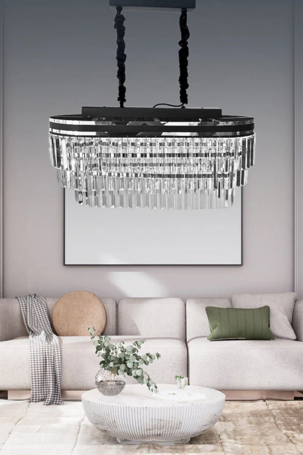 Birsen Aydınlatma Kristalim Gümüş Detaylı 70x30 Cm'Lik Kristal Taşlı Lüks Avize - Yatak Odası - Salon - Mutfak