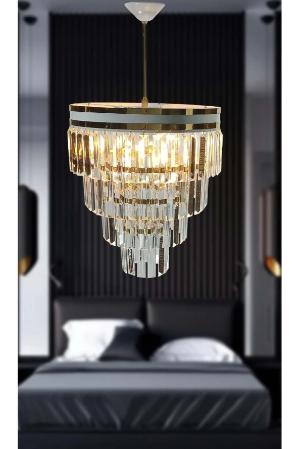 MATMAZEL AKSESUAR AVİZADE MATMAZEL AKSESUAR  ŞERİTLİ BEYAZ GOLD 30 CM LİK KRİSTAL TAŞLI LÜKS AVİZE