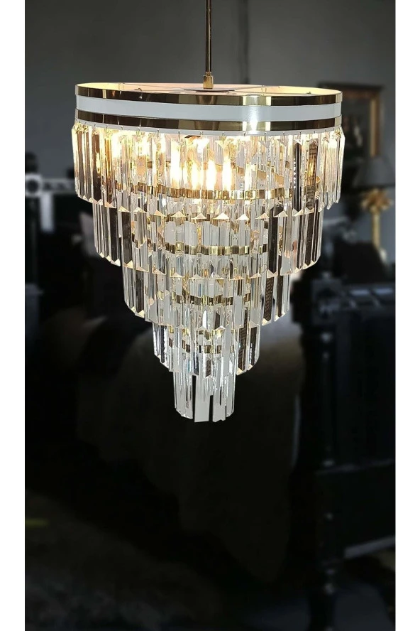 MATMAZEL AKSESUAR AVİZADE MATMAZEL AKSESUAR  ŞERİTLİ BEYAZ GOLD 40 CM LİK KRİSTAL TAŞLI LÜKS AVİZE