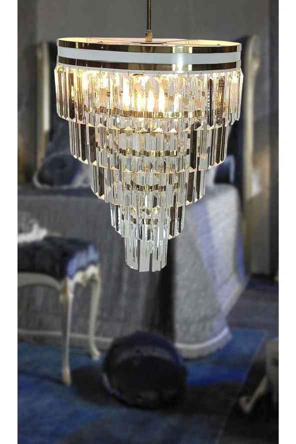 MATMAZEL AKSESUAR AVİZADE MATMAZEL AKSESUAR  ŞERİTLİ BEYAZ GOLD 40 CM LİK KRİSTAL TAŞLI LÜKS AVİZE - 2