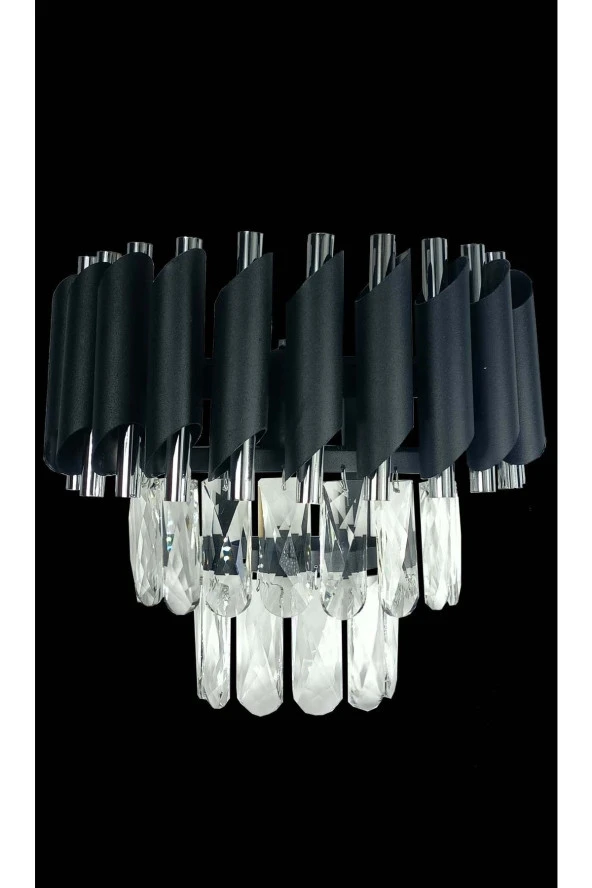 MATMAZEL AKSESUAR Siyah Avizade 30 Cm Lik Kristal Taşlı Lüks Duvar Apliği 30 Salon / Oturma Odası 1 Taşlı E27 20 -34 - 3