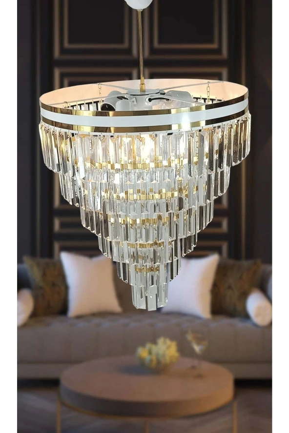 MATMAZEL AKSESUAR AVİZADE MATMAZEL AKSESUAR  ŞERİTLİ BEYAZ GOLD 50 CM LİK KRİSTAL TAŞLI LÜKS AVİZE - 4