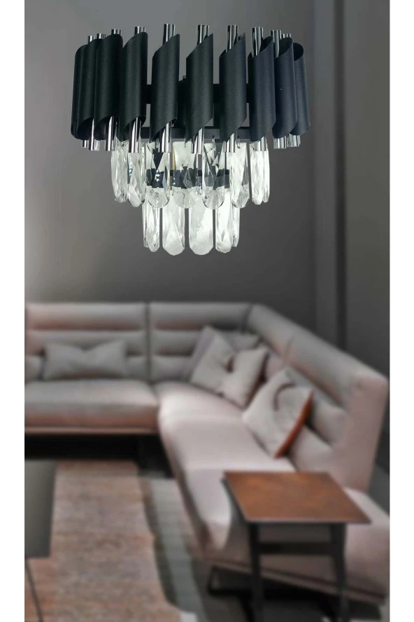MATMAZEL AKSESUAR Siyah Avizade 30 Cm Lik Kristal Taşlı Lüks Duvar Apliği 30 Salon / Oturma Odası 1 Taşlı E27 20 -34 - 2