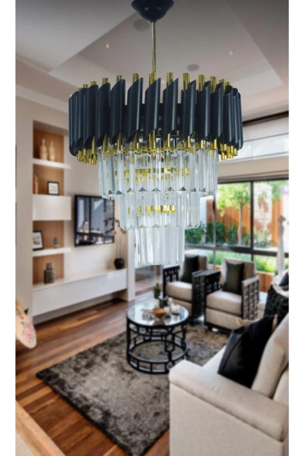 MATMAZEL AKSESUAR Zamira 35 Cm'lik Kristal Taşlı Lüx Avize 3'lü (black Gold) - 2