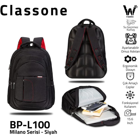 Classone Milano BP-L100-PRO Su Geçirmez Kumaş,Su Geçirmez Fermuar Notebook,Laptop, Sırt Çantası -Siyah - 2