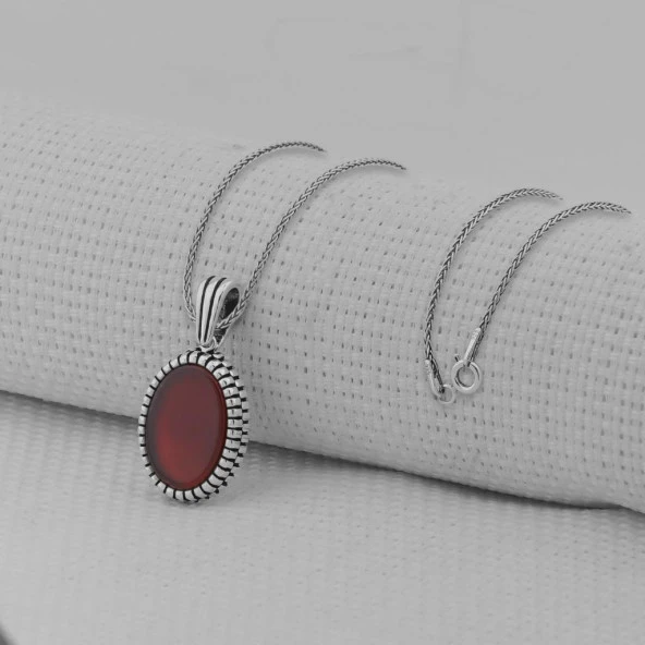 Kırmızı Akik Taşlı Oval 925 Ayar Erkek Gümüş Kolye - Resim 2
