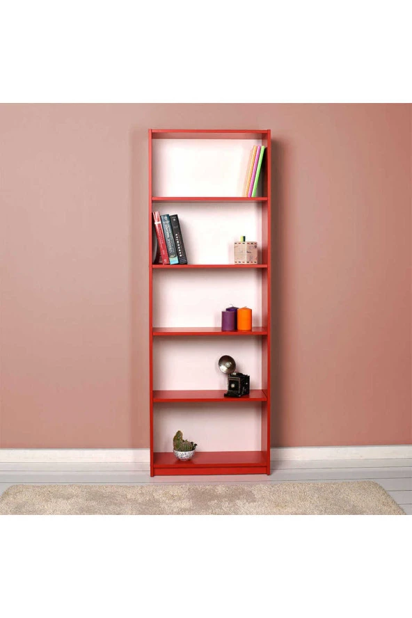 Modern 5 Raflı Kitaplık - Kırmızı 64x182x26 cm (GxYxD) - 5