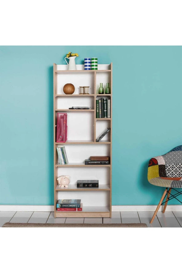 Plus 7 Raflı 10 Bölmeli Kitaplık-Sonoma-Mat Lake Beyaz 63x175x26 cm (GxYxD) - 4