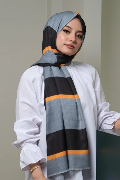 Afvente Çizgili Desen Gri Pamuk Şal - 2