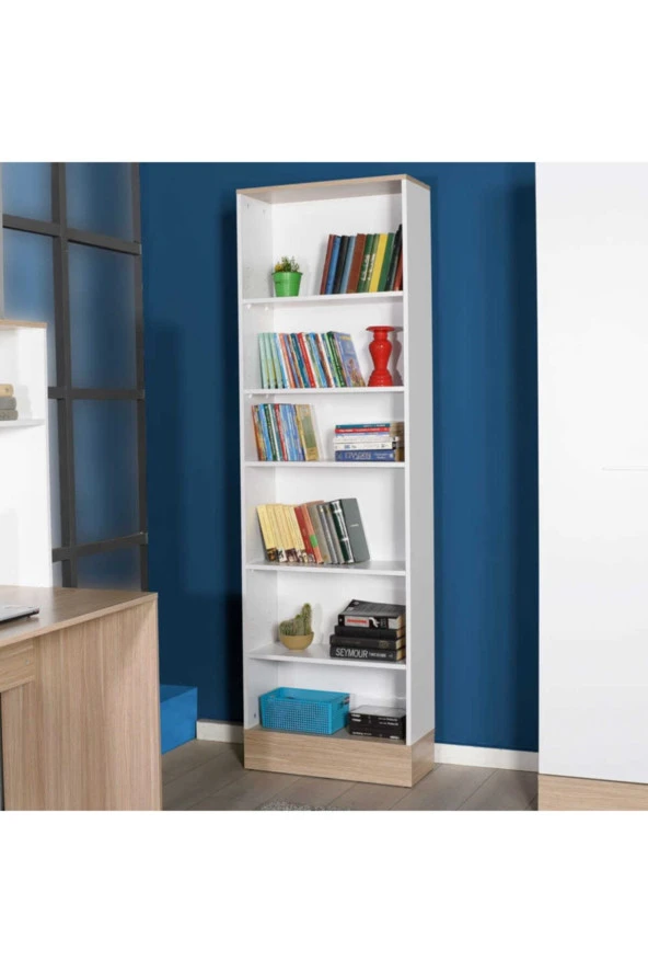 Base 6 Raflı Kitaplık -İtalyan Meşe-Mat Beyaz 60x197x26 cm (GxYxD) - 2