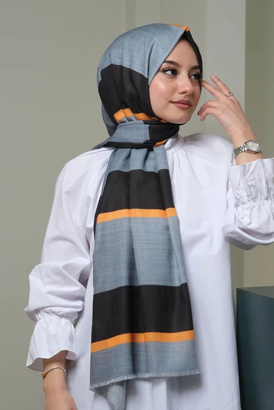 Afvente Çizgili Desen Gri Pamuk Şal - 3