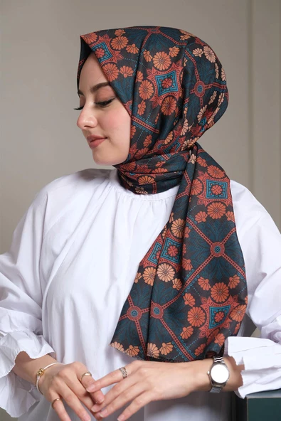 Afvente Çiçek Desen Koyu Yeşil Pamuk Şal - Resim 3