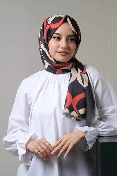 Afvente Geometrik Desen Kırmızı Pamuk Şal - Resim 2