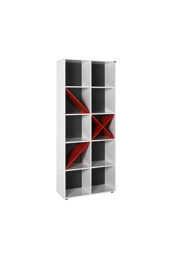 Gaming 10 Raflı Kitaplık - Kırmızı-Mat Beyaz 75x188x 30 cm (GxYxD) - 2