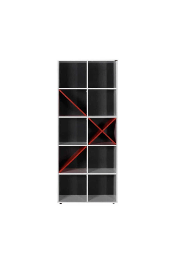 Gaming 10 Raflı Kitaplık - Kırmızı-Mat Beyaz 75x188x 30 cm (GxYxD) - 4