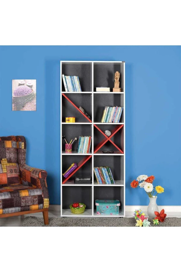 Gaming 10 Raflı Kitaplık - Kırmızı-Mat Beyaz 75x188x 30 cm (GxYxD) - 5