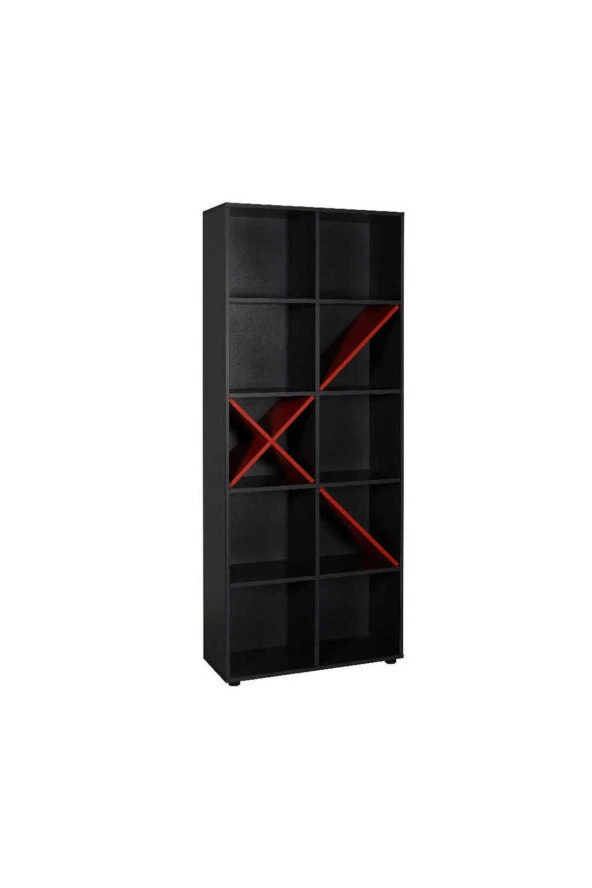 Gaming 10 Raflı Kitaplık - Antrasit-Kırmızı 75x188x30 cm (GxYxD) - 2