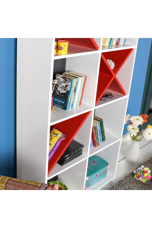 Gaming 10 Raflı Kitaplık - Kırmızı-Mat Beyaz 75x188x 30 cm (GxYxD) - 7