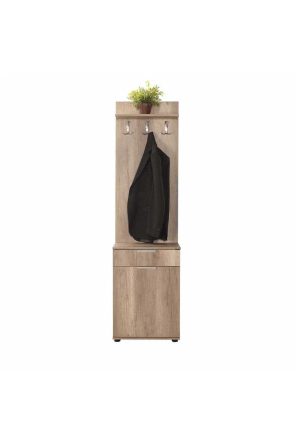 Porto Tek Kapaklı Çekmeceli Portmanto ve Ayakkabılık-Açık Ceviz(Tori) 52x187x36 cm (GxYxD) - 6