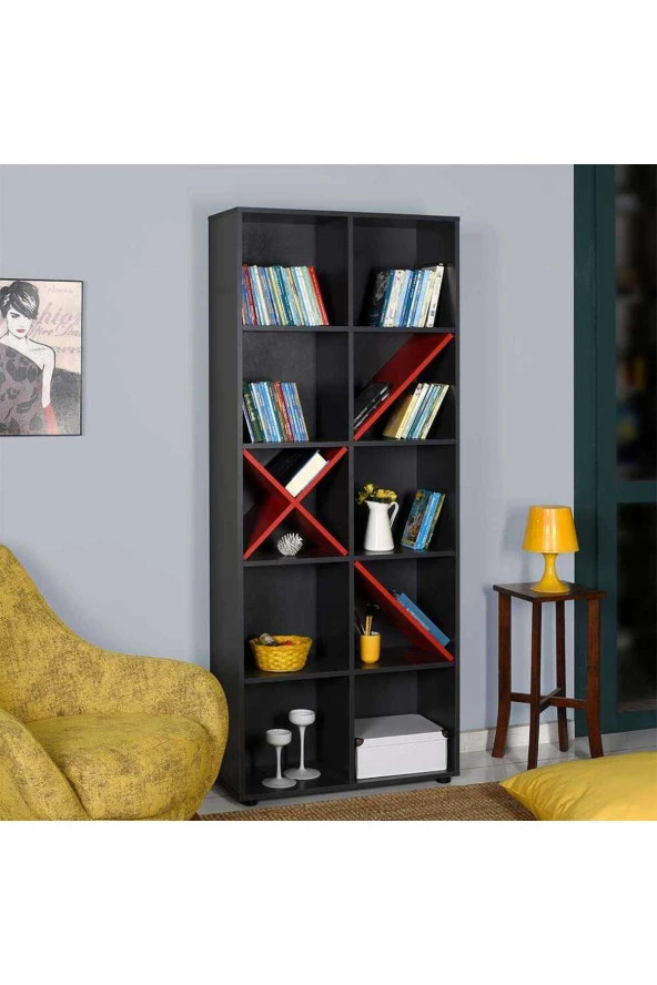 Gaming 10 Raflı Kitaplık - Antrasit-Kırmızı 75x188x30 cm (GxYxD) - 6