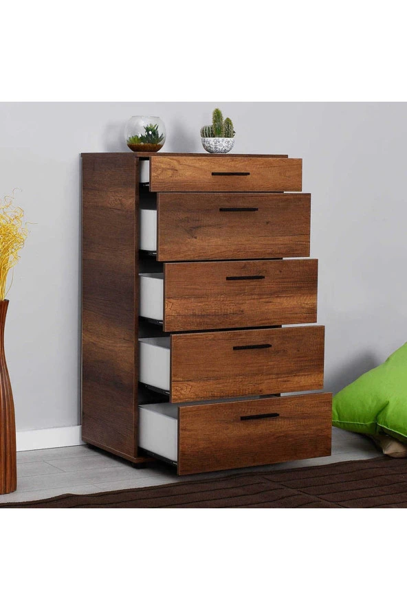 Trendline 5 Çekmeceli Şifonyer - Koyu Ceviz (Oslo Ceviz) 60x108x44 cm (GxYxD) - 6